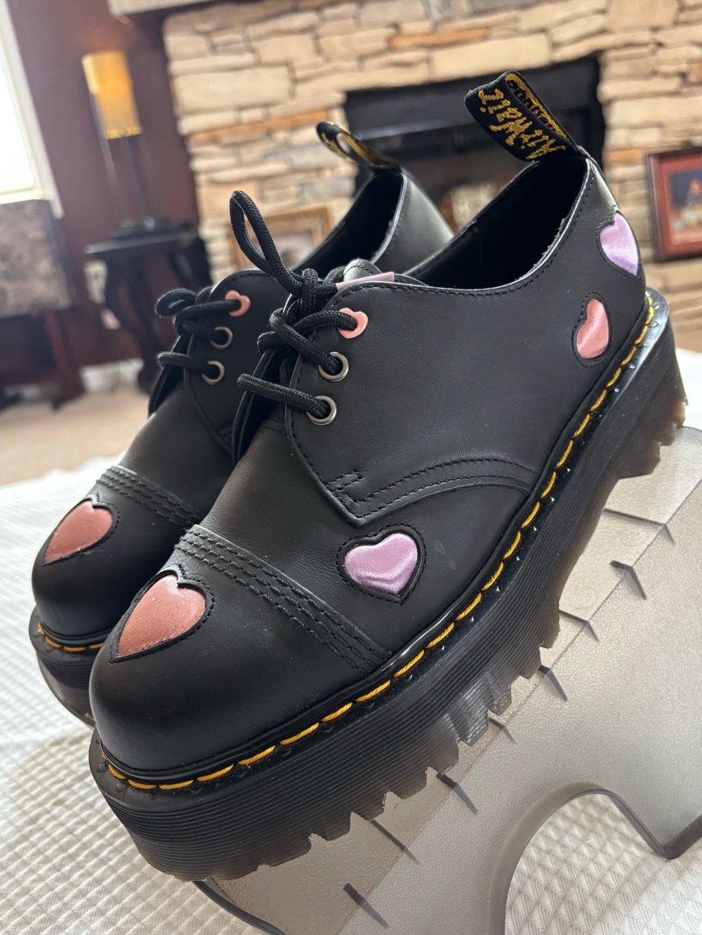 Dr. Martens Black Platform Shoes with Pink and Lilac Heart Accents